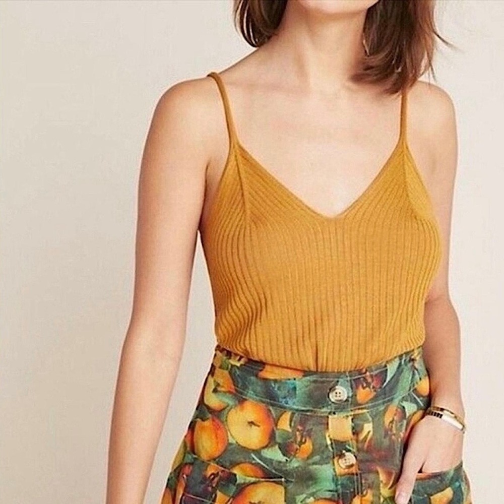 ANTHROPOLOGIE Shay Ribbed V Neck Tank Top Womens XS Gold Orange Lightweight Knit